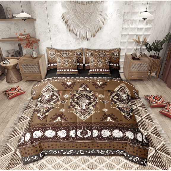 Manfei Tribal Sheep Skeleton Twin Bedding Sets 7-Piece, Brown Boho Aztec Bedding Comforter Set, Hippie Stars Moon Galaxy Reversible Sheet Sets, Lightweight Room Decor