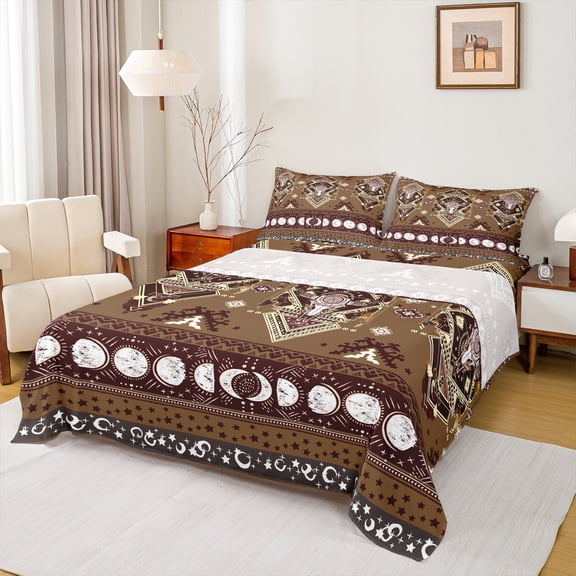 Manfei Tribal Sheep Skeleton Twin Sheet Sets, Brown Boho Aztec Twin Fitted Sheet, Hippie Stars Moon Galaxy Flat Sheet, Lightweight Room Decor, 3 Pieces