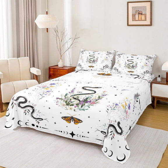 Manfei Tribal Snake Bed Sheets Set King Size, Bohomian Hippie Animal Bed Sheets King, Flower Moth Bedding King Size, Super Cozy Bedroom Decorative, 4pcs
