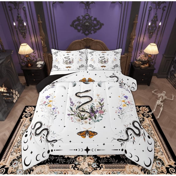 Manfei Tribal Snake Bedding Full Comforter Set, Bohomian Hippie Animal Down Comforter, Flower Moth Reversible Duvet Insert, Super Cozy Bedroom Decorative, 3pcs