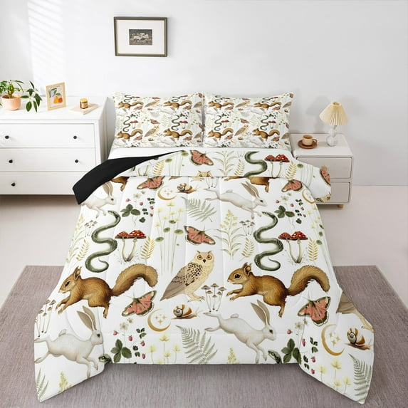 Manfei Tribal Snake Rabbit Queen Comforter Set for Kids, Farmhouse Flower Bedding Sets, Hippie Cartoon Wildlife Reversible Bedding Comforter Set, Luxury Bedroom Decor, 3 Pieces