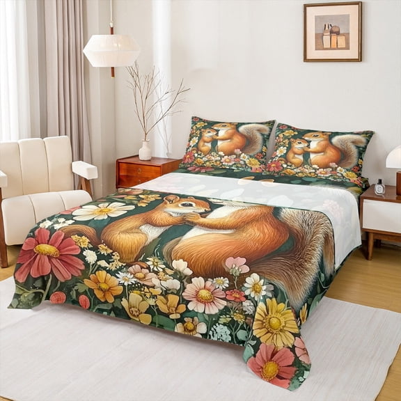 Manfei Tribal Squirrel Animal Twin Sheet Sets, Mystic Rustic Groovy Flower Twin Fitted Sheet, Teens Kids Child Flat Sheet, Ultra Soft Home Decor, 3pcs
