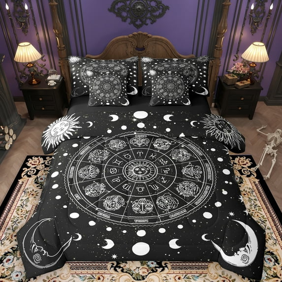 Manfei Tribal Stars Moon 7-Piece Twin Bedding Sets, Mystic Constellation Bedding Comforter Set, Black White Bohemian Style Reversible Sheet Sets, Luxury Bedroom Decor