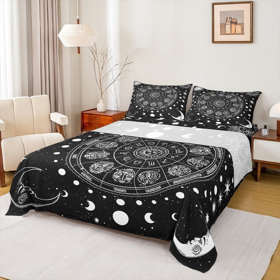 Manfei Tribal Stars Moon Bed Sheets, Mystic Constellation King Sheets, Black White Bohemian Style Sheet Set, Luxury Bedroom Decor, 4-Piece