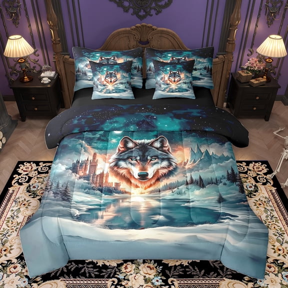 Homewish Tribal Western Animal Bedding Comforter Set 7pcs, Winter Jungle Wildlife King Bedding Sets, Vintage Western Castle Reversible Bed Sheets, Breathable Home Decor