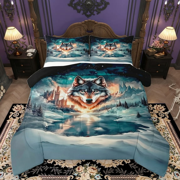 Homewish Tribal Western Animal Bedding Comforter Set, Winter Jungle Wildlife Twin Comforter Sets, Vintage Western Castle Reversible Bedding Set, Breathable Home Decor, 2pcs