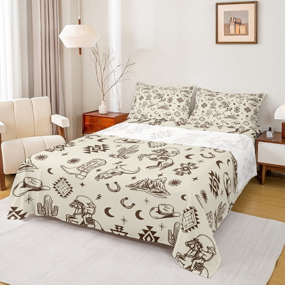 Manfei Tribal Western Bed Sheets Set Queen Size, Cowboy Cowgirl Bed Sheets Queen, Aztec Hippie Bedding Queen Size, Microfiber Bedroom Decor, 4 Pieces
