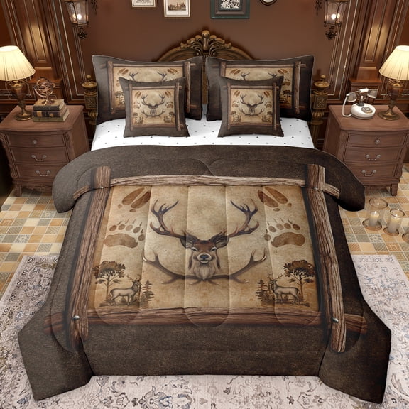 Manfei Tribal Western Deer Bedding Comforter Set 7pcs, Rustic Farmhouse King Bedding Sets, Brown Lodge Cabin Bed Sheets, Breathable Home Decor