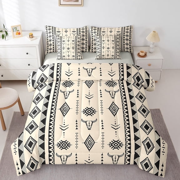 Feelyou Tribal Western Twin Bedding Sets 7-Piece, Aztec Sheep Skeleton Bedding Comforter Set, Triangle Geometry Sheet Sets, Microfiber Room Decorative