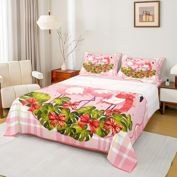 Manfei Tripical Flamingo Full Size Sheets, Cute Pink Buffalo Plaid Bed Sheets for Girls, Palm Tree Leaves Sheet Sets, Ultra Soft Home Decor 4-Piece