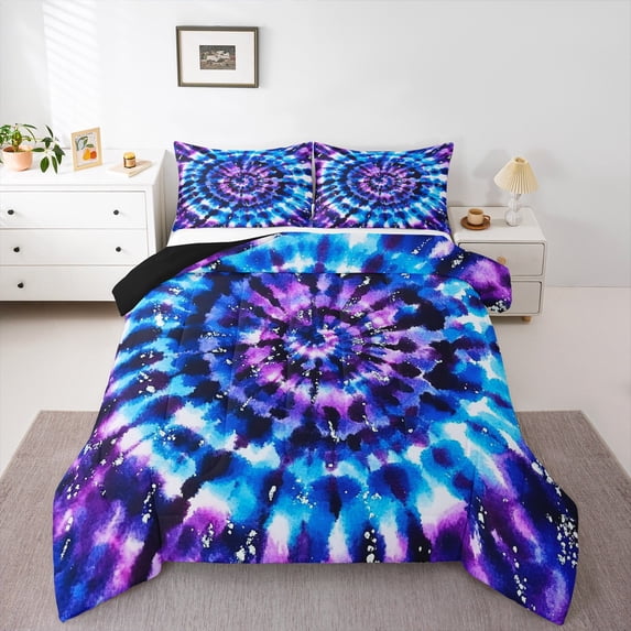 Manfei Trippy Watercolor 3-Piece Full Size Comforter Sets,Blue Purple Bedding Comforter Set,Tie Dye Lightweight Bedding Sets,Breathable Abstract Home Decor,Reversible