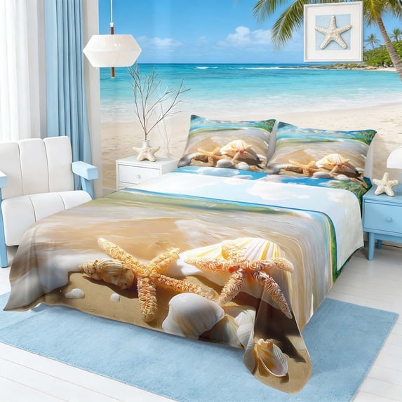 Manfei Tropical Beach Palm Tree Seashell Full Size Sheets for Kids Boys and Girls, Coastal Vacation Print Bed Sheets 4 Pieces, 1 Flat Sheet, 1 Fitted Sheet and 2 Pillowcases