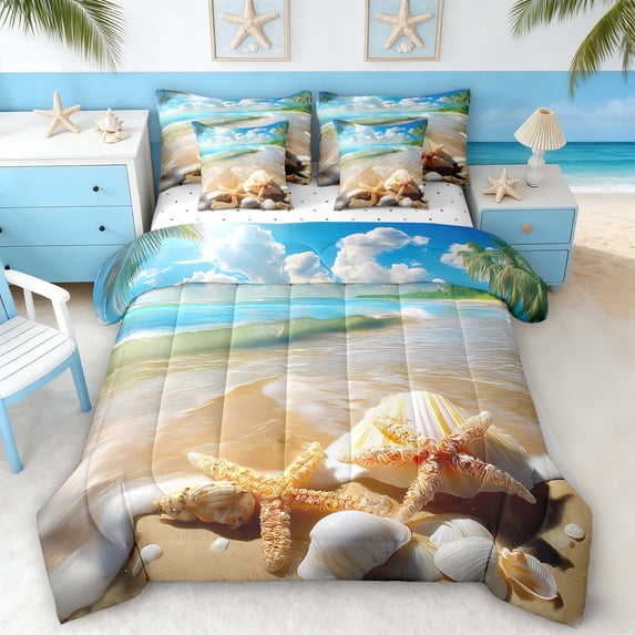 Manfei Tropical Beach Palm Tree Seashell Twin Bedding Sets for Kids Boys and Girls, Coastal Vacation Print Bedding Comforter Set, Reversible 7 Pieces