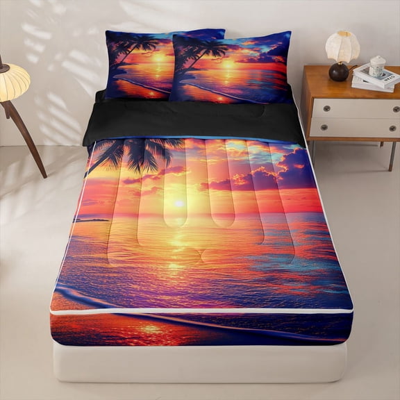 Manfei Tropical Beach Sunset Zipper Twin Comforter Sets with Fitted Sheet and 2 Pillowcases for Kids Boys and Girls, Coastal Ocean Print Zipper Bedding Set, Black Reversible, 4-Piece