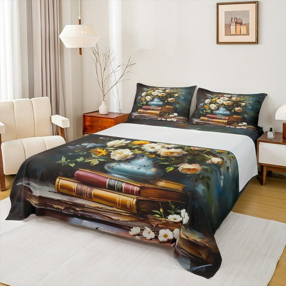 Manfei Tropical Blossom Queen Sheet Sets, Vintage Bookstore Flat Sheet, Oil Painting Style Queen Fitted Sheet, Luxury Bedroom Decor 4 Pieces