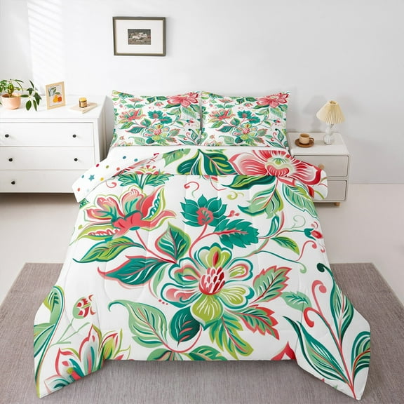 Manfei Tropical Botanical Flower Bedding Comforter Set,Rustic Floral Twin Comforter Sets,Green White Pink Bedding Set For Girls,Ultra Soft Home Decor Reversible,2-Piece
