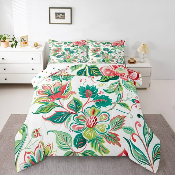 Manfei Tropical Botanical Flower Bedding Comforter Set,Rustic Floral Twin Comforter Sets,Green White Pink Bedding Set For Girls,Ultra Soft Home Decor Reversible,2-Piece