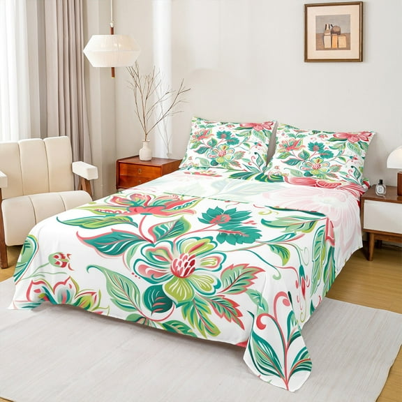 Manfei Tropical Botanical Flower Twin Sheet Sets,Rustic Floral Twin Fitted Sheet,Green White Pink Flat Sheet For Girls,Ultra Soft Home Decor,3-Piece