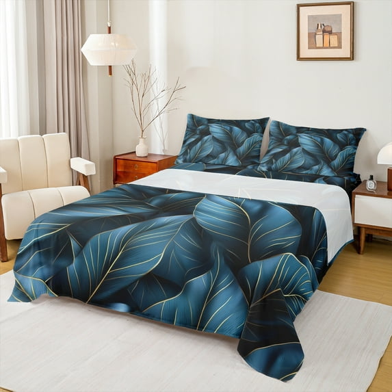 Manfei Tropical Botanical Leaf Full Size Sheets,Minimalsit Aesthetic Bed Sheets,Teal Gold Sheet Sets For Children,Microfiber Bedroom Decor,4 Pieces