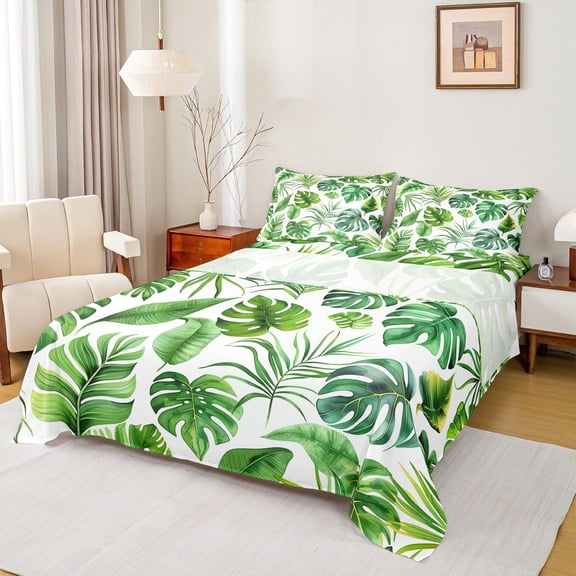 Manfei Tropical Botanical Leaves Twin Sheet Sets,Monstera Leaf Twin Fitted Sheet,Green Plam Flat Sheet For Adults,Super Cozy Room Decor,3pcs