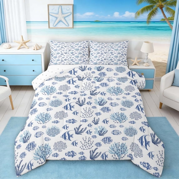 Manfei Tropical Fish Coral Full Size Comforter Sets for Kids Boys and Girls, Watercolor Blue White Bedding Sets, Reversible 3pcs, 1 Comforter and 2 Pillowcases