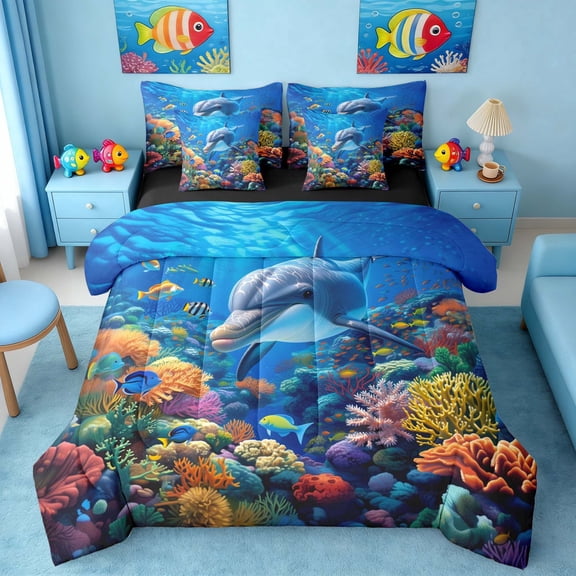 Manfei Tropical Fish Dolphin Bedding Comforter Set for Kids Boys and Girls, Ocean Marine Life Print Full Bedding Set, Black Reversible 7 Pieces