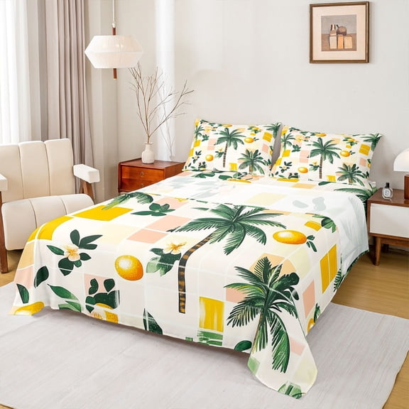 Manfei Tropical Floral Fruit Twin Sheet Sets 3pcs for Kids Teens,Palm Tree Twin Fitted Sheet Microfiber,Vintage Aesthetics Breathable Flat Sheet,Geometric Plaid Room Decor