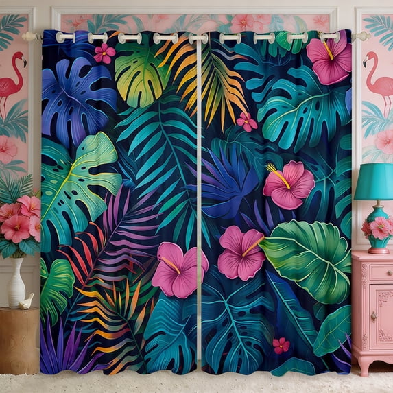 Manfei Tropical Floral Leaves Blackout Curtains,Botanical Plants Curtains Pack of 2 (42x84 Each)