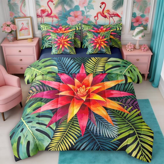 Manfei Tropical Floral Leaves Full Size Bedding Sets 7 Pieces,Botanical Plants Full Size Bed in a Bag,Reversible