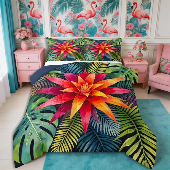 Manfei Tropical Floral Leaves Queen Comforter Set 3 Pieces,Botanical Plants Comforter Sets Queen,1 Comforter and 2 Pillowcases,Reversible