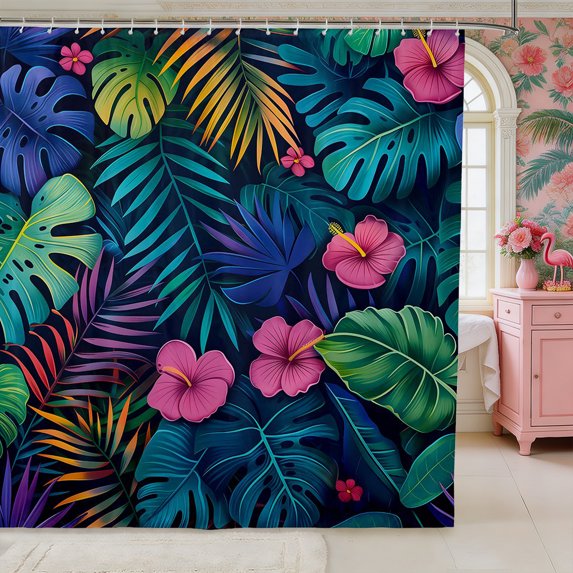 Manfei Tropical Floral Leaves Shower Curtain 72Wx72L,Botanical Plants Bathroom Curtain