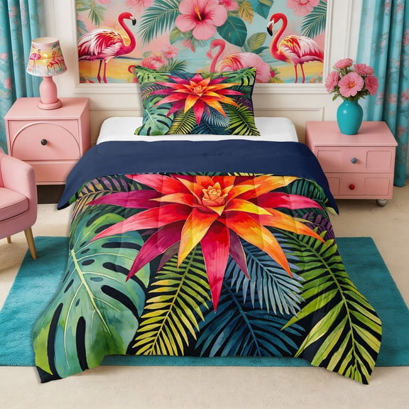 Manfei Tropical Floral Leaves Twin Comforter Sets 2pcs,Botanical Plants Bedding Set,1 Comforter and 1 Pillowcase,Reversible