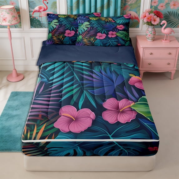 Manfei Tropical Floral Leaves Zipper Full Size Comforter Sets with Fitted Sheet and 2 Pillowcases,Botanical Plants Zipper Bedding Set,Reversible