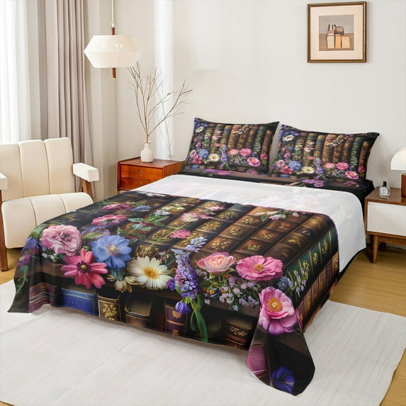 Manfei Tropical Flower Queen Sheet Sets, Vintage Bookstore Flat Sheet, Retro Magic Book Queen Fitted Sheet, Microfiber Bedroom Decor 4-Piece