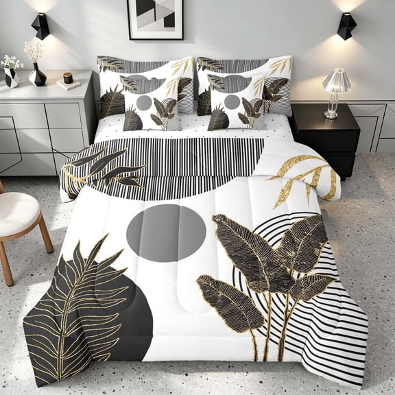 Manfei Tropical Leaf Full Size Bedding Sets, Geometric Full Size Bed in a Bag, Black, Gold and Gray, Reversible 7pcs