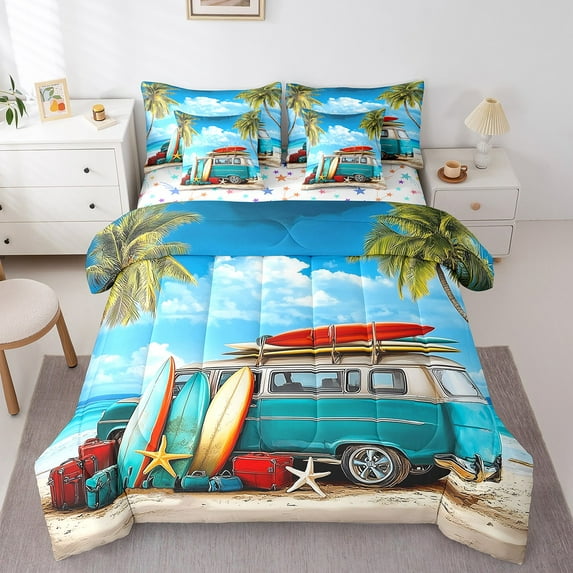 Manfei Tropical Leaves 7-Piece Twin Bedding Sets,Ocean Beach Bedding Comforter Set,Camper Surfboard Breathable Sheet Sets,Ultra Soft Sea Room Decor,Reversible