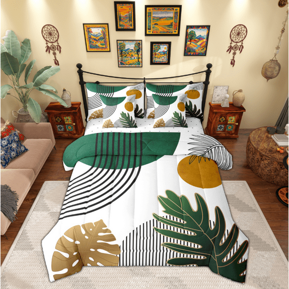 Manfei Tropical Monstera Leaf 7-Piece Twin Bedding Sets,Modern Geometric Aesthetic Bedding Comforter Set,Black Stripes Lines Sheet Sets For Men Women,Microfiber Bedroom Decor Reversible