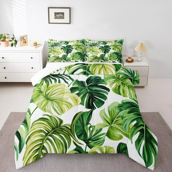 Manfei Tropical Monstera Leaf Bedding Comforter Set,Natural Theme Twin Comforter Sets,Green White Bedding Set For Teens,Microfiber Bedroom Decor,2 Pieces
