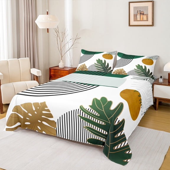 Manfei Tropical Monstera Leaf Twin Sheet Sets,Modern Geometric Aesthetic Twin Fitted Sheet,Black Stripes Lines Flat Sheet For Men Women,Microfiber Bedroom Decor,3 Pieces