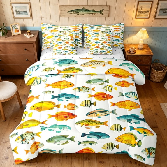 Manfei Tropical Ocean Fish King Bedding, Underwater Wildlife King Bed in a Bag, Cream Orange, Reversible, 7-Piece