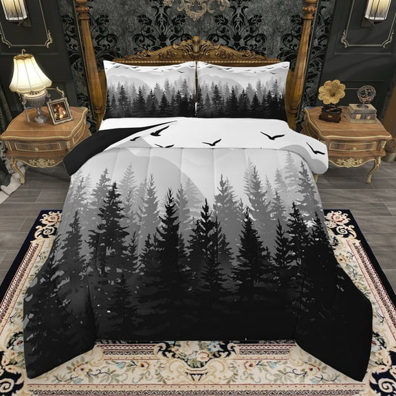 Manfei Tropical Pine Tree Bedding Comforter Set,Natural Plant Twin Comforter Sets,Black White Gray Bedding Set For Adults,Luxury Bedroom Decor Reversible,2 Pieces