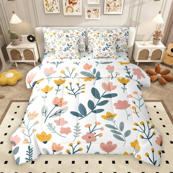 Manfei Tropical Plant Leaves 7pcs Bedding Comforter Set,Natural Botanical Flower Queen Bedding Sets,Colorful Floral Queen Sheet Sets For Adults,Microfiber Bedroom Decor Reversible