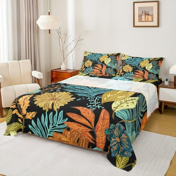 Manfei Tropical Plant Leaves Queen Sheet Sets,Natural Botanical Flat Sheet,Blue Orange Black Queen Fitted Sheet For Adults,Microfiber Bedroom Decor,4 Pieces