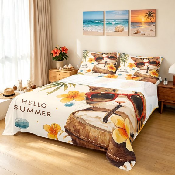 Manfei Tropical Summer Cat Bed Sheets, Hibiscus Flower Full Size Sheets, Beige, 4pcs, 1 Flat Sheet, 1 Fitted Sheet and 2 Pillowcases