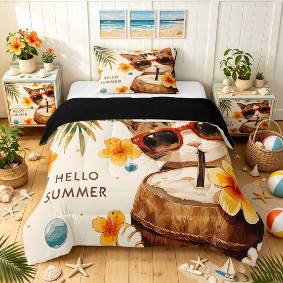 Manfei Tropical Summer Cat Twin Comforter Sets, Hibiscus Flower Bedding Set, Beige, Black Reversible, 2pcs, 1 Comforter and 1 Pillowcase