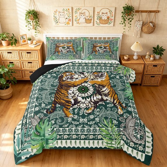 Manfei Tropical Tiger Print King Size Comforter Sets, Vintage Paisley Comforters King Size, Sage Blue, Black Reversible, 3pcs, 1 Comforter and 2 Pillowcases