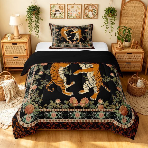Manfei Tropical Tiger Twin Comforter Sets, Tribal Flower Floral Bedding Set, Brown Black, Black Reversible, 2-Piece, 1 Comforter and 1 Pillowcase