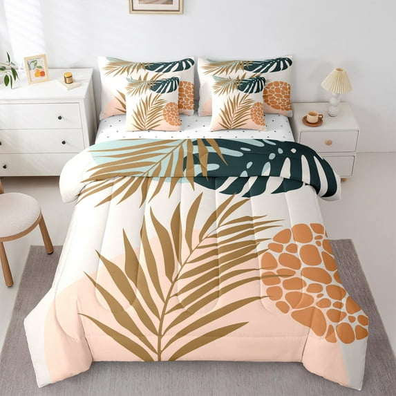 Manfei Tropican Plant Monstera 7pcs Bedding Comforter Set,Natural Plant Queen Bedding Sets,Prange Biege Queen Sheet Sets For Child,Luxury Bedroom Decor Reversible