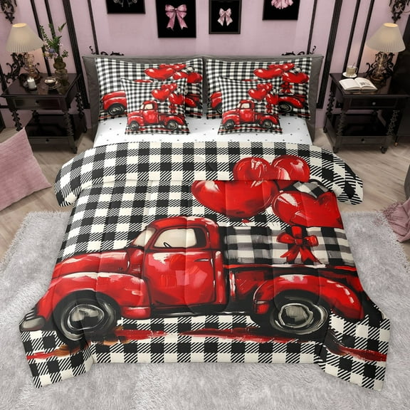 Manfei Truck Car 7-Piece Twin Bedding Sets for Female Men Teens,Red Love Heart Print Bedding Comforter Set,Valentine's Day Breathable Sheet Sets,Ultra Soft Home Decor,Reversible