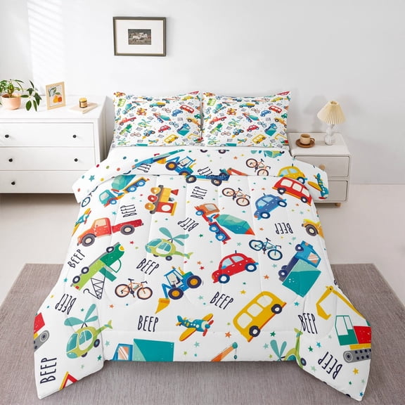 Manfei Truck Plane 2pcs Bedding Comforter Set,Cartoon Car Twin Comforter Sets,Transportation Theme Bedding Set,Breathable Kawaii Room Decorative,Reversible